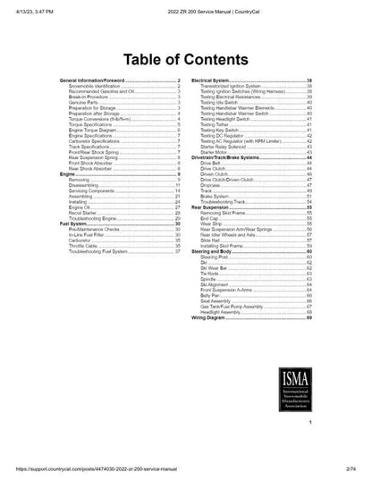 Arctic Cat ZR 200 Snowmobile Service Manual table of contents