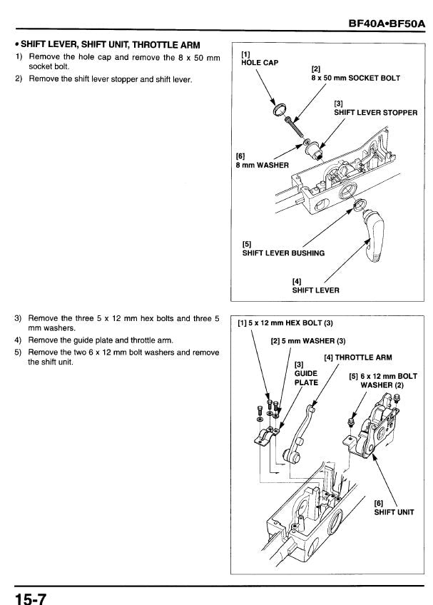 Honda BF35A BF40A BF45A BF50A Outboard Service Manual sample page with diagrams and specifications