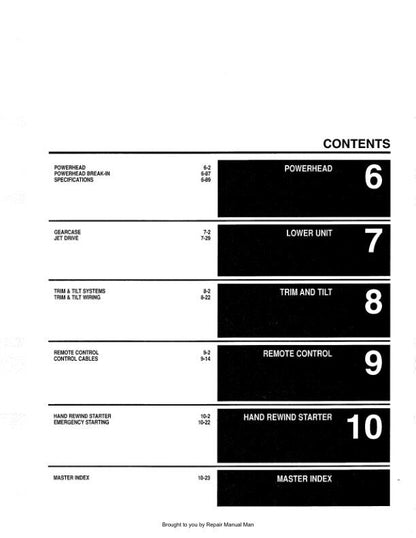 Johnson Evinrude 1.25 - 70 HP Outboard Service Manual table of contents