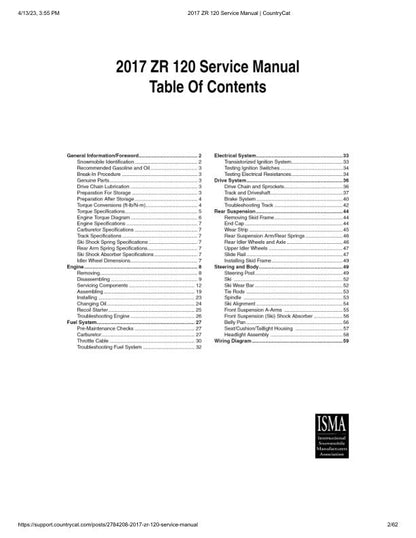 Arctic ZR120 Kitty Cat Snowmobile Service Manual table of contents