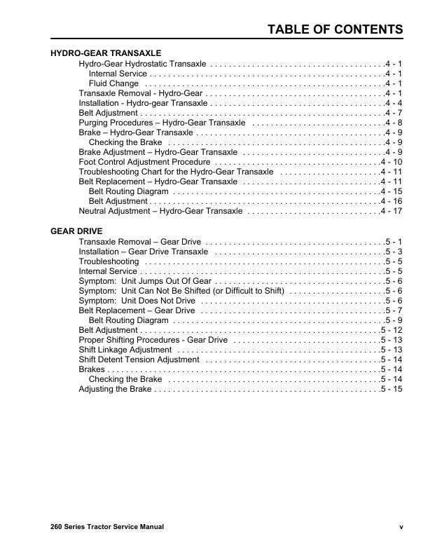 Toro 260 264 265 267 268 269 270 Tractor Service Manual sample page with diagrams and specifications