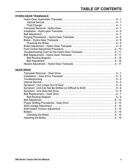 Toro 260 264 265 267 268 269 270 Tractor Service Manual sample page with diagrams and specifications