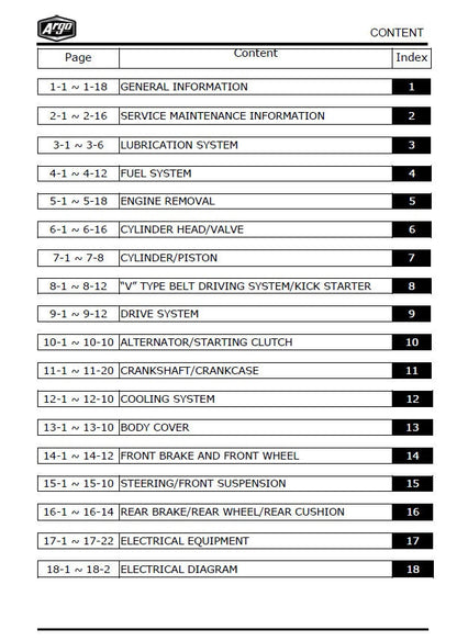 Argo XPLORER XR 500 UTV Service Manual table of contents