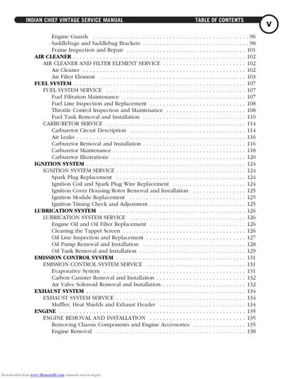 Indian Chief Vintage Deluxe Roadmaster Springfield Motorcycle Service sample page with diagrams and specifications