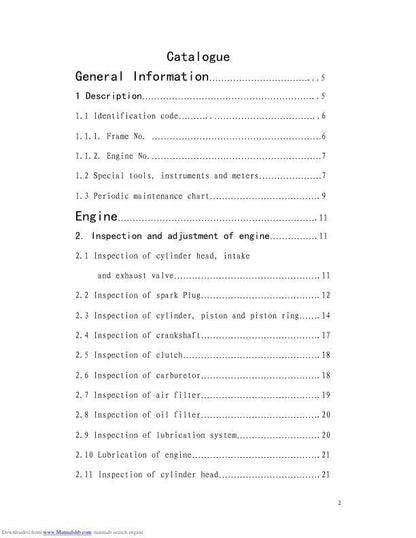 HiSun HS500 ATV-2 Service Manual table of contents