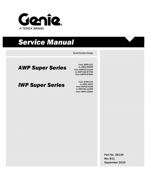 Genie AWP IWP Super Series Lift Service Manual factory service manual title page