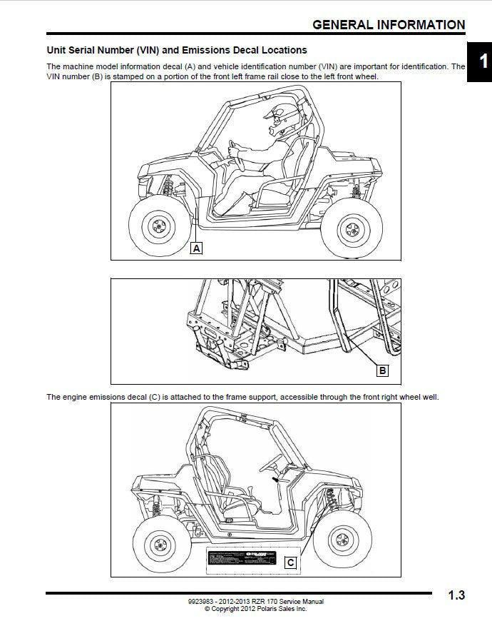 Polaris RZR 170 UTV Service Manual sample page from service manual