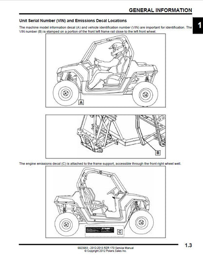 Polaris RZR 170 UTV Service Manual sample page from service manual