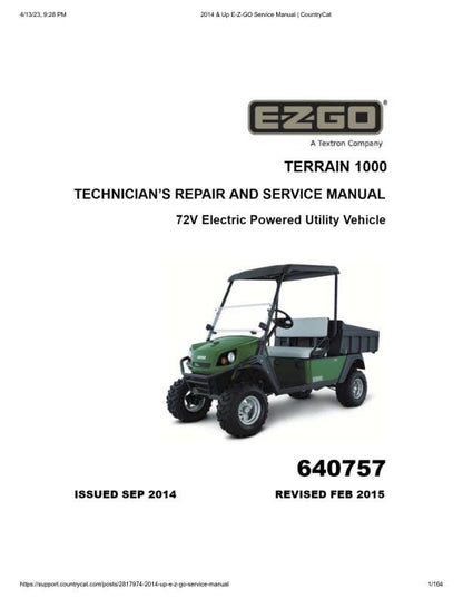EZGO Terrain 1000 72v Golf Cart Service Manual factory service manual title page