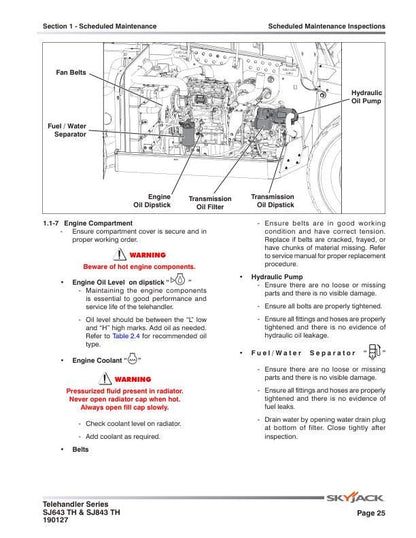 Skyjack SJ 643 843 Telehandler Telescopic Boom Service Manual sample page with diagrams and specifications