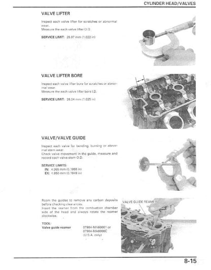 Honda CBR1100 Motorcycle Service Manual sample page with service data and tables