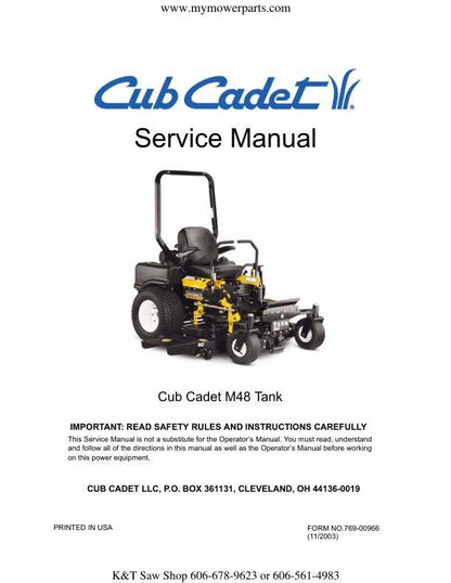 Cub Cadet M48 Tank Zero Turn Mower Service Manual factory service manual title page