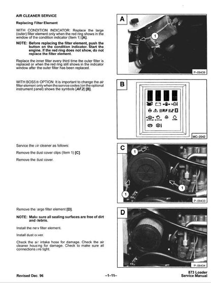 Bobcat 873G Skid Steer Loader Service Manual sample page with diagrams and specifications
