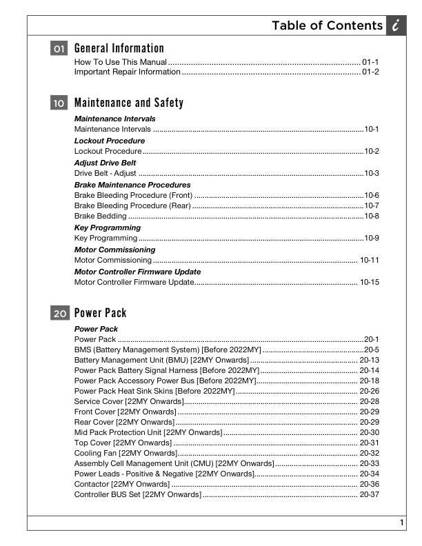 Zero SRS Electric Motorcycle Service Manual table of contents