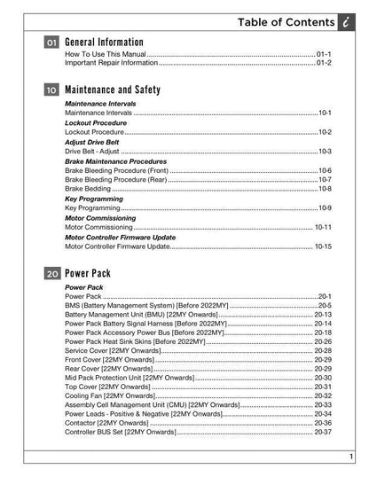 Zero SRS Electric Motorcycle Service Manual table of contents