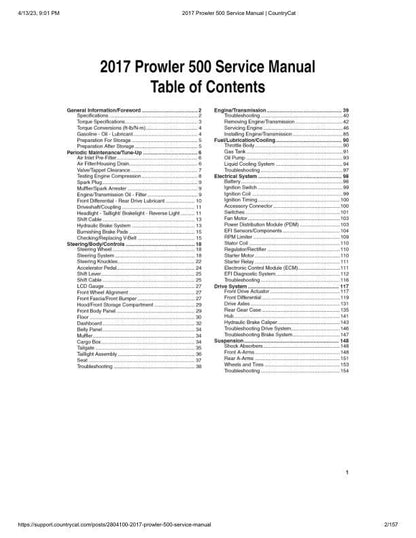 Arctic Cat Prowler 500 UTV Service Manual table of contents