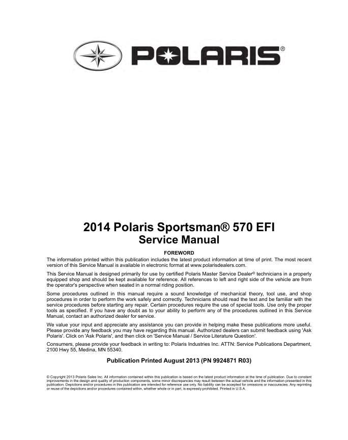 Polaris Sportsman 570 EFI ATV Service Manual factory service manual title page