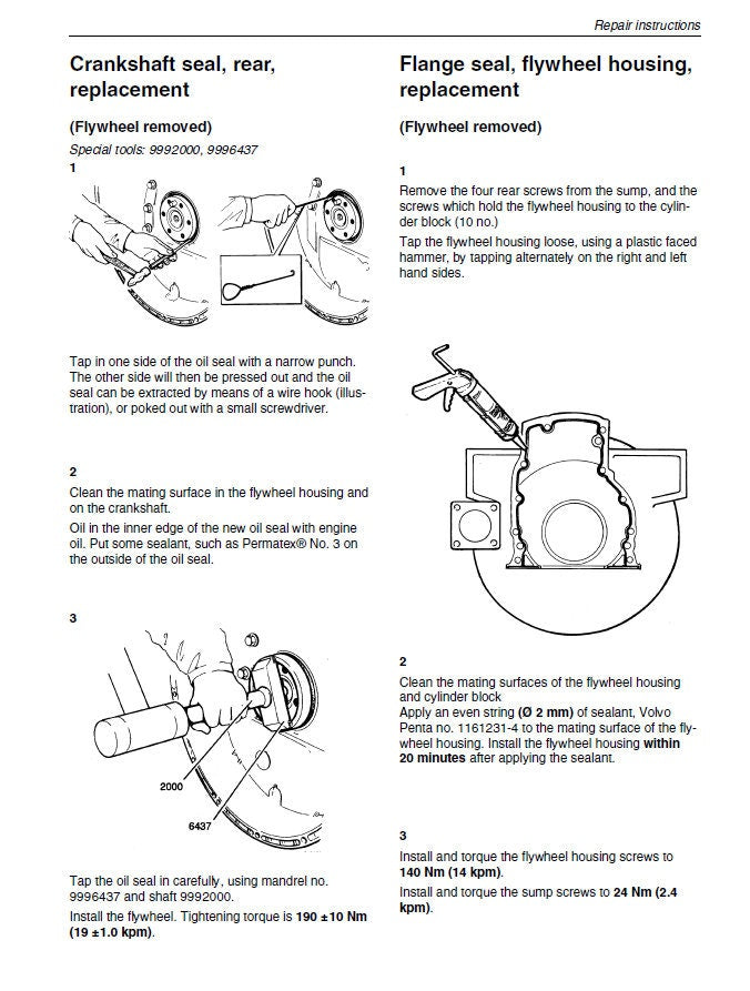 Volvo Penta TAMD  61A 62A 63L 63P 71A 71B 72A 72P 72WJ Service Manual sample page with service data and tables