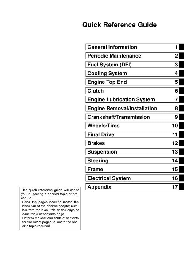 Kawasaki KX 250 KX250F Service Manual table of contents