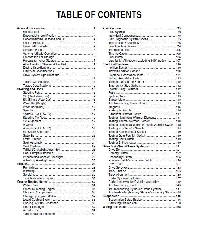 Yamaha Sidewinder Snowmobile Service Manual table of contents