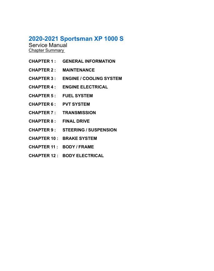 Polaris Sportsman XP 1000 ATV Service Manual table of contents