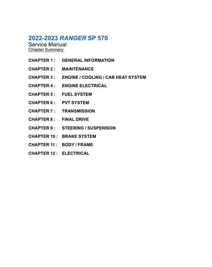 Polaris Ranger SP 570 UTV Service Manual table of contents