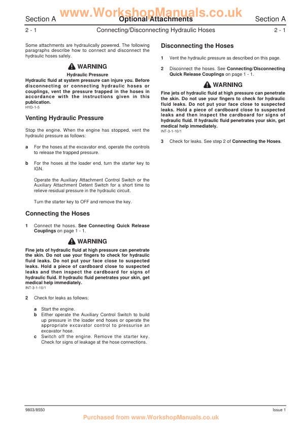 JCB 1CX 208S Backhoe Loader Service Manual sample page with diagrams and specifications