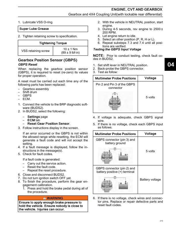 Can-Am Commander 1000 HD10 UTV Service Manual sample page with diagrams and specifications