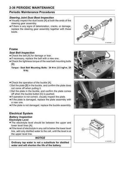 Kawasaki Mule 600 610 UTV Service Manual sample page with diagrams and specifications