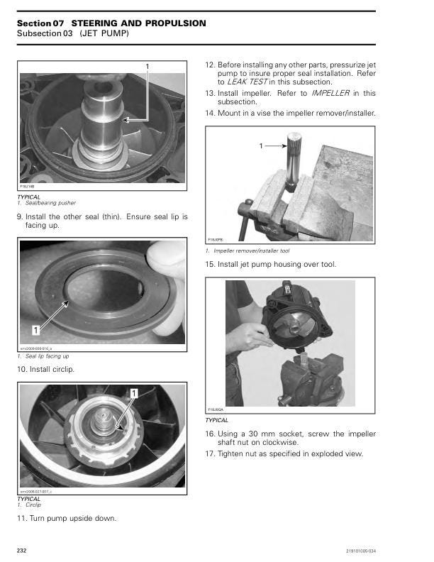 Seadoo GTI GTR Wake 170 Fish Pro Service Manual sample page with service data and tables