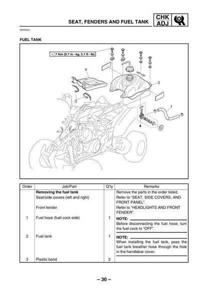 Yamaha Raptor YFM350S Motorcycle Service Manual sample page showing repair procedures
