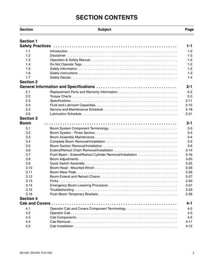 JLG G642A G943A G1043A Telehandler Service Manual sample page with diagrams and specifications