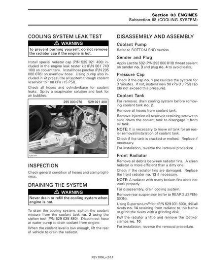 Skidoo REV MXZ Summit GSX Snowmobile Service Manual sample page with diagrams and specifications