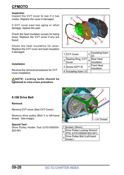 CFMOTO UFORCE 800 UTV Service Manual sample page with service data and tables