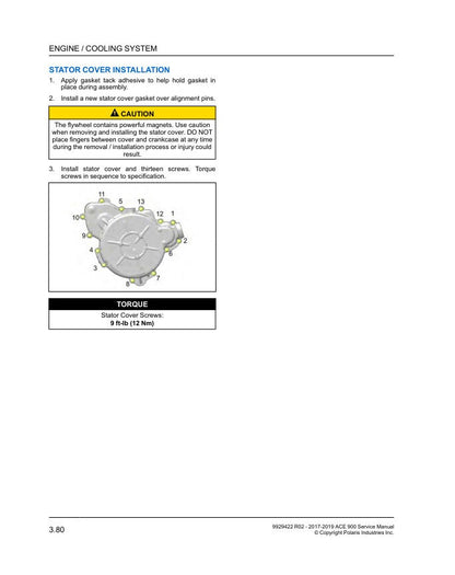 Polaris ACE 900 UTV Service Manual sample page with service data and tables