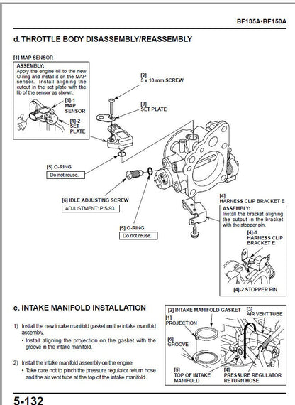 Honda BF135A BF150A Outboard Service Manual sample page with technical illustrations
