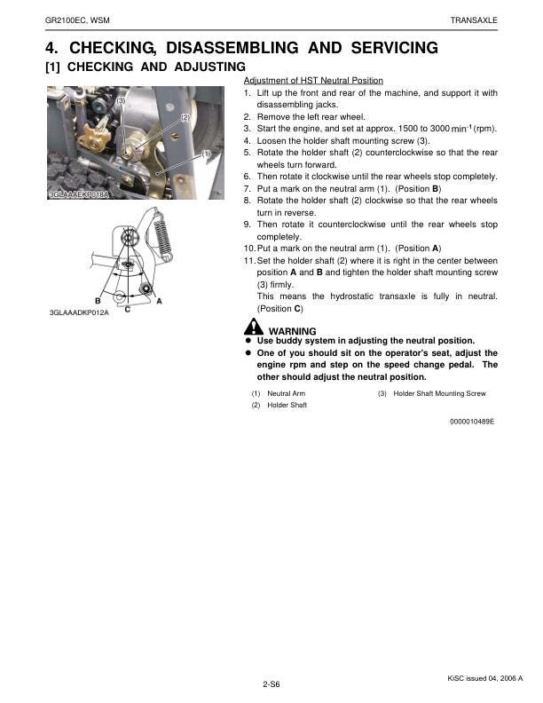 Kubota GR 2100 EC Mower Service Manual sample page with service data and tables