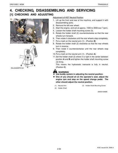 Kubota GR 2100 EC Mower Service Manual sample page with service data and tables