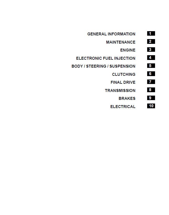 Polaris RZR 1000 XP XP4 UTV Service Manual table of contents