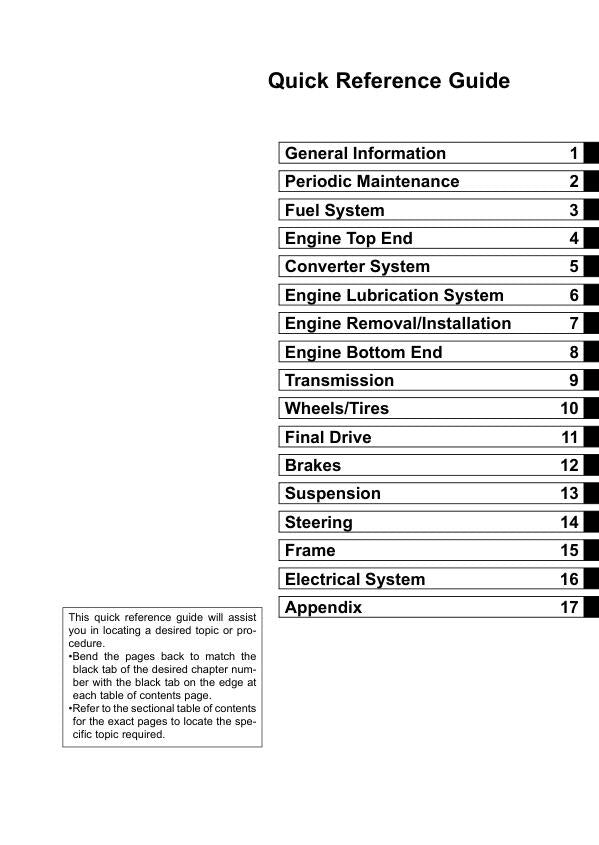 Kawasaki Mule 600 610 UTV Service Manual table of contents