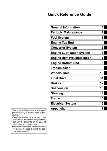 Kawasaki Mule 600 610 UTV Service Manual table of contents