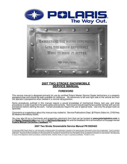 Polaris IQ RMK Switchback Touring Dragon Snowmobile Service Manual factory service manual title page