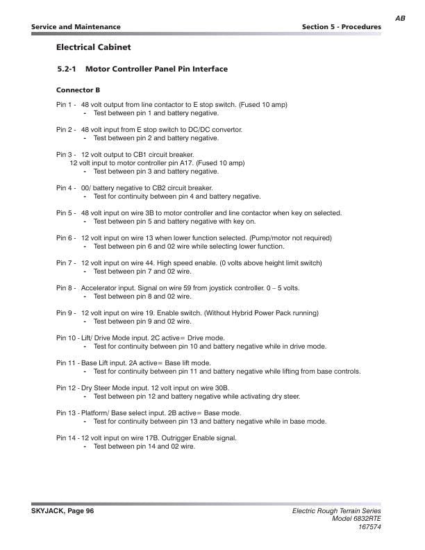 Skyjack 6832 RTE Rough Terrain Scissors Service Manual sample page with service data and tables