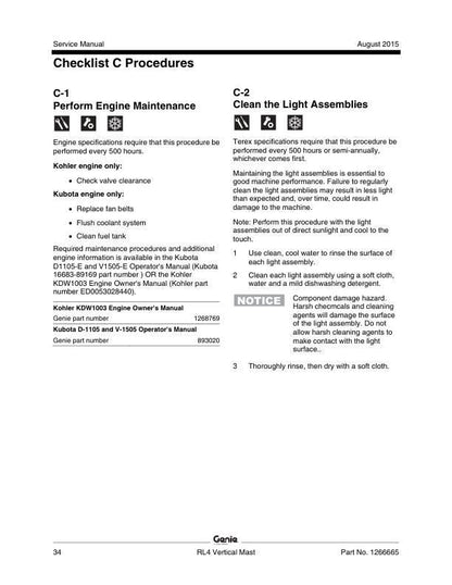 Genie RL 4 Gas Powered Light Tower Service Manual sample page from the repair manual