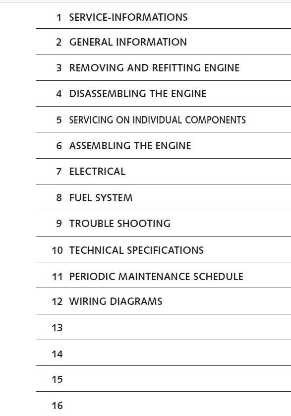 KTM 400 520 620 640 660 LC4 Engine Service Manual table of contents