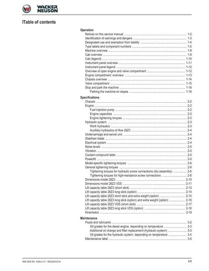 Wacker Neuson 28Z3 Track Excavator Service Manual table of contents