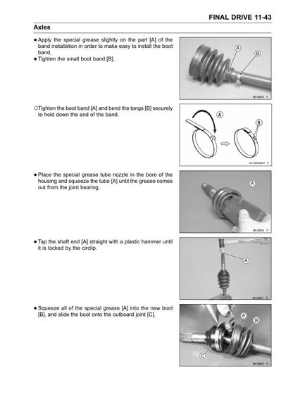 Kawasaki Mule 600 610 UTV Service Manual sample page with service data and tables