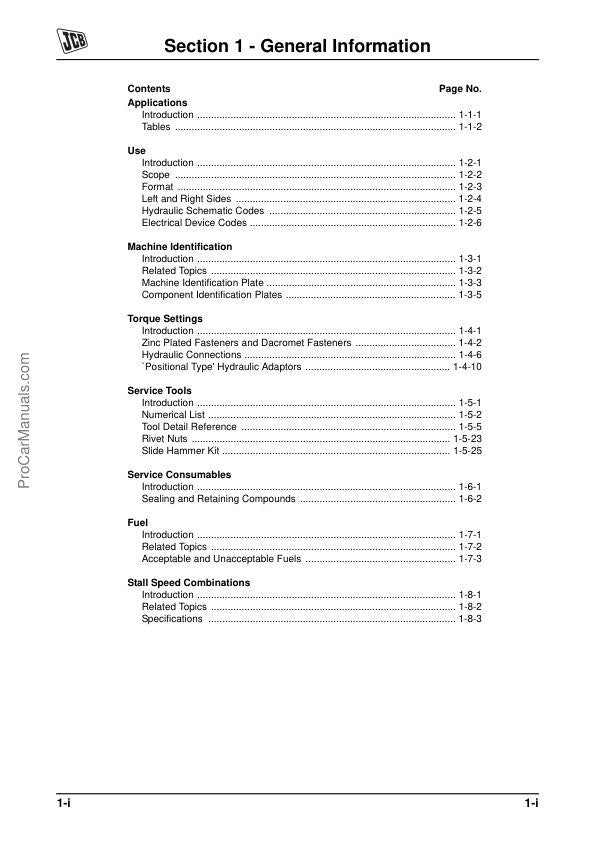 JCB 535 540 550 Loadall Service Manual table of contents