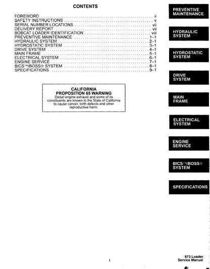 Bobcat 873G Skid Steer Loader Service Manual table of contents