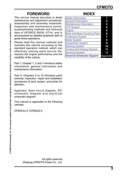 CFMOTO UFORCE 800 XL Service Repair Manual table of contents